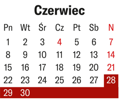 Kalendarz na miesiąc Czerwiec. Dni od 28 do 30 czerwca są wyróżnione szerokim, ciemnoczerwonym paskiem tła. Czwartek, 4 czerwca (Boże Ciało) oraz wszystkie niedziele są zapisane czerwoną czcionką.