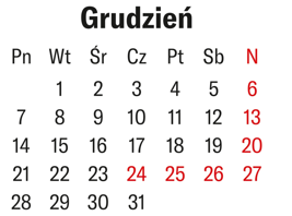 Kalendarz na miesiąc Grudzień. Wszystkie niedziele oraz dni od 24 do 26 (Wigilia i Święta Bożego Narodzenia) są zaznaczone czerwonym kolorem czcionki. Układ zaczyna się od wtorku (1 grudnia).
