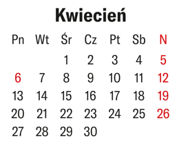 Widok kalendarza na miesiąc Kwiecień. Niedziele (daty 5, 12, 19, 26) oraz Poniedziałek Wielkanocny (6 kwietnia) są wyróżnione kolorem czerwonym. Pozostałe dni są zapisane czarną czcionką na białym tle.