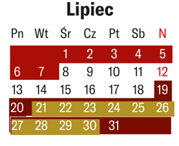 Fragment kalendarza na miesiąc Lipiec. Dni tygodnia oznaczone skrótami (Pn, Wt, Śr, Cz, Pt, Sb, N). Wybrane daty są zaznaczone kolorowymi tłami: dni 1-7 oraz 13-20 na ciemnoczerwono, dni 21-30 na złoty brąz, a dzień 31 ponownie na ciemnoczerwono.