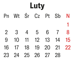 Karta z kalendarza na miesiąc Luty. Miesiąc liczy 28 dni i zaczyna się w niedzielę (N), która jest zaznaczona na czerwono wraz z kolejnymi niedzielami (8, 15, 22). Ostatni dzień miesiąca, 28 lutego, przypada w sobotę (Sb).