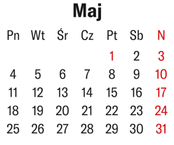 Karta z kalendarza na miesiąc Maj. Pierwszy maja zaznaczony jest na czerwono (Święto Pracy). Wszystkie niedziele (3, 10, 17, 24, 31) również mają czerwony kolor czcionki. Miesiąc zaczyna się w piątek (Pt), a kończy w niedzielę (N).