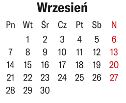 Karta z kalendarza na miesiąc Wrzesień. Tydzień zaczyna się od poniedziałku (Pn). Pierwszy dzień miesiąca przypada we wtorek (Wt). Dni niedzielne (6, 13, 20, 27) zaznaczone są na czerwono. Miesiąc kończy się w środę, 30 września.